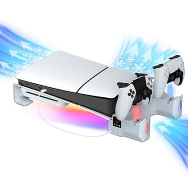 Hosanwell Supporto Orizzontale per PS5 Slim/PS5 Pro con Caricatore Doppio Controller, Accessori per PS5 Slim/Pro Disc & Digital, Supporto di Raffreddamento PS5 Slim/Pro con Luci RGB e Ventola Termica