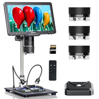 TOMLOV TriL110 3 Lenti Microscopio Digitale 2K HDMI, Lente d'Ingrandimento 2500X per Monete/Saldatura con Schermo IPS da 10,1", Regalo per Adulti e Bambini, 14 Luci LED, Compatibile PC/TV, 64GB