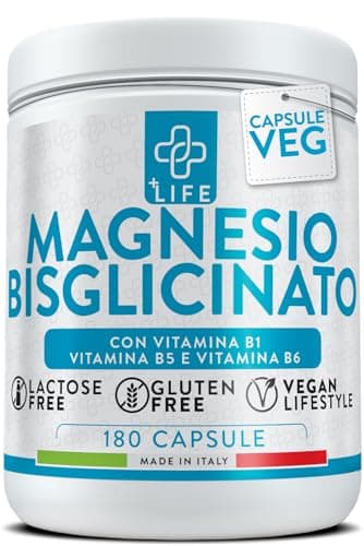 Magnesio Bisglicinato Capsule 180 PiuLife® Con Vitamina B6, B1, B5 Magnesio Organico, Integratore Muscoli, Sistema Nervoso, Stress, Ossa, Magnesio Glicinato Integratore Magnesio Per Dormire
