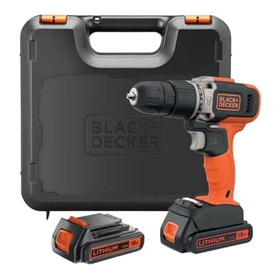 BLACK+DECKER Trapano a percussione a batteria da 18V a 2 velocità con due batterie da 1,5Ah e caricatore da 400mA, coppia di 45Nm, luce da lavoro a LED, BCD003C2K-QW