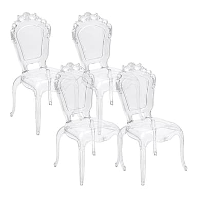 Baroni Home Set di 4 Sedie Barocche in Policarbonato Trasparente, Seduta Design Elegante Impilabile e Impermeabile da Soggiorno, Sala da Pranzo, Camera da Letto, 53x53x100 cm