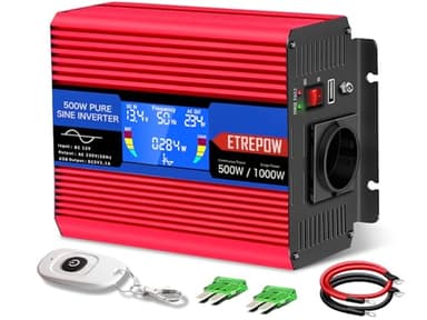 ETREPOW 500w Inverter auto 12v 220v Onda Sinusoidale Pura Trasformatore Con presa 1 Euro e 2 porte USB,Telecomando Senza Fili,Display LCD,Picco 1000W