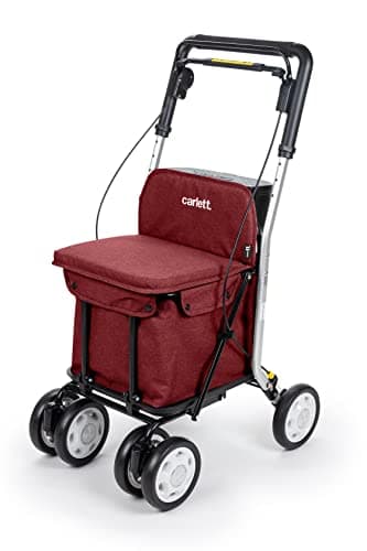 Carlett - Carrello della Spesa e Deambulatore con Sedile per Anziani - Carrello da Supermercato Pieghevole a 4 Ruote con Borsa della Spesa Rimovibile da 29L/15kg e Vassoio Portaoggetti - Colore Rosso