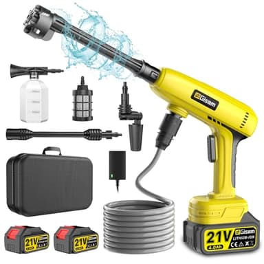 Pulitore ad alta pressione a batteria, 60 bar, pistola ad acqua mobile ad alta pressione con 2 batterie da 4000 mAh, ugello multifunzione 6 in 1, ugello girevole a 180°, tubo da 5 m, caldaia a filtro