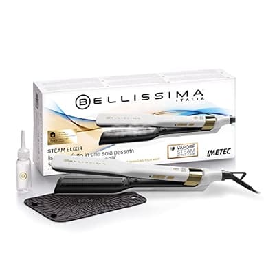 Bellissima Imetec Steam Elixir, Piastra a Vapore, Capelli lisci in Una Sola Passata Senza Danni, Rivestimento in Ceramica e Olio Argan, Rapido Riscaldamento, 4 Temperature, Tappetino Termoresistente