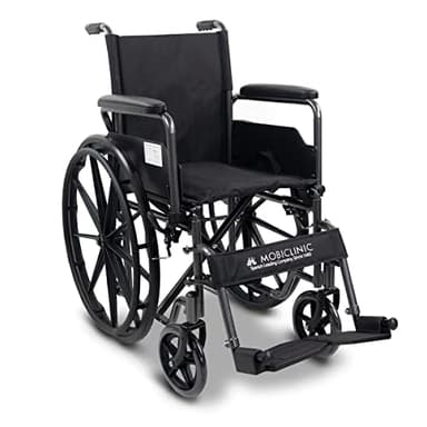 Mobiclinic, Sedia a rotelle pieghevole, S220, Marchio europeo, Resistente, Seduta 43cm, Poggiapiedi e braccioli pieghevoli, Leva del freno, Ruote sgancio rapido premendo un pulsante, Nero