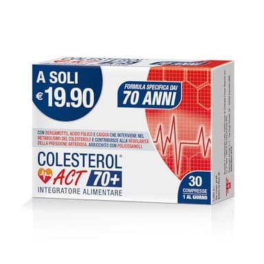 Colesterol Act 70+, Integratore Alimentare che Aiuta a Mantenere i livelli Normali di Colesterolo nel Sangue, a base di Bergamotto, Acido Folico e Caigua, 1 Confezione da 30 Compresse