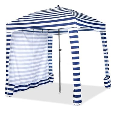 COSTWAY Tenda da Spiaggia Pieghevole 183 x 183 cm, Tenda da Mare con Borsa di Trasporto, Parete Removibile e 8 Tasche per Sabbia, per Spiaggia, Campeggio e Picnic (Blu e Bianco, 183 x 183 cm)