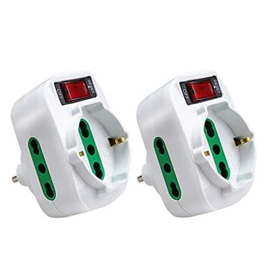EXTRASTAR Adattatore Multipresa Tripla,con protezione sovraccarico ed interruttore,Adattatori da Schuko a Spina Piccola 10A,Spina Rotante,Bianco,Confezione da 2
