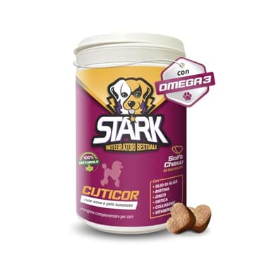 Stark Cuticor - Integratore per la salute della pelle e pelo cani. Con Omega-3, Biotina, Zinco, Collagene e Vitamine C+E riduce Prurito, Irritazioni e perdita di pelo 60 Bocconcini 180 g