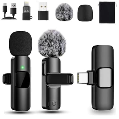 Sprifityy Microfono Wireless, per iPhone/Android/PC, cancellazione del rumore, microfono con clip plug-play, mini microfono per registrazione video, Vlog, YouTube, TikTok