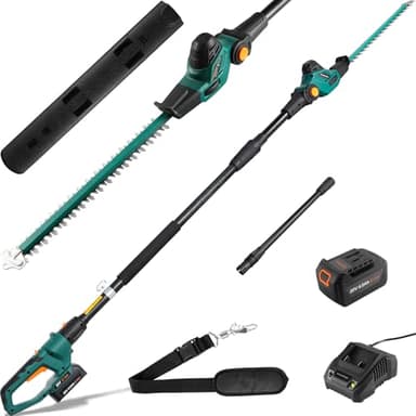 Tagliasiepi Telescopico a Batteria, Tagliasiepi a Batteria, Tagliasiepi Elettrico, Batteria 20V 4Ah e Caricabatterie, Lama 45cm, Passo 16 mm, Testa Pivotante con 7 Posizioni