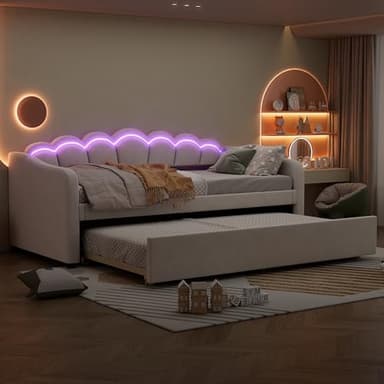 FEZTOY Letto singolo imbottito a LED, 90 x 200 cm, divano letto multifunzione con letto estraibile e rete a doghe, in velluto, senza materasso (beige, 90 x 200)