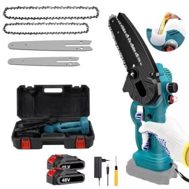 Mini Motosega a Batteria con Oliatore Automatico, 2 Batterie 48V, Barre da 6'' e 8'' Pollici con Catene di Ricambio e Blocco di Sicurezza – Potenza e Versatilità per Lavori di Precisione