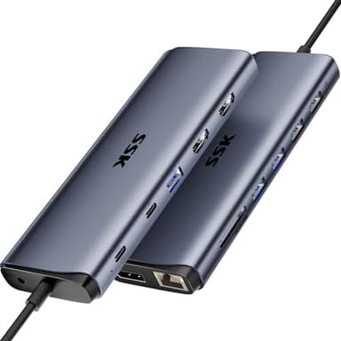 SSK Dock USB C 8K per Thunderbolt 4, Docking Station MacBook 3 monitor, Hub USB C da 10 Gbps, doppio HDMI, Displayport, Ethernet, PD da 100 W, microfono/audio, porta USB C&A 3.2 Gen 2