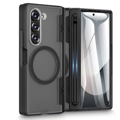 Doeshine Custodia per Samsung Z Fold 6 [2024], Cover Opaca Semitrasparente Antiurto con Slot S-Pen Integrato, [Pellicola Schermo 9H] Ricarica Magnetica e Protezione Cerniera Militare (Nero)
