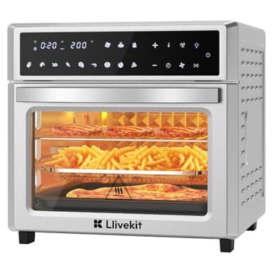 LLIVEKIT 26L Forno Friggitrice ad Aria XXL con Display a LED, 12 in 1 Funzione Mini Forno ad Aria Elettrico senza Olio con Girarrosto, Friggitrice Aria Acciaio Inox, 1700W, 7 Accessori, Argento