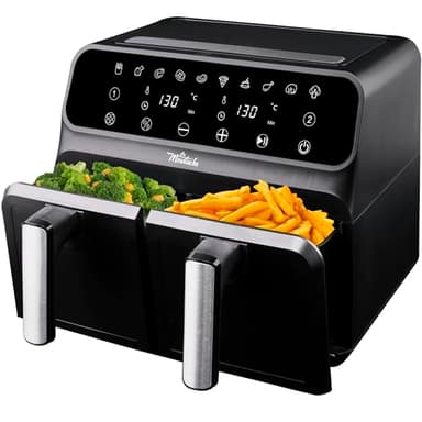 La Moustache - Friggitrice Senza Olio 8L ad Aria Calda 1700W con E-Book di Ricette, 2 Cestelli Separati, 10 Programmi, Timer, Griglie Antiaderenti, 6 in 1, Frigge/Griglia/Riscalda (DuoFry Black)