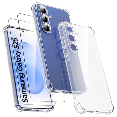 Ikziwreo - Cover per Samsung Galaxy S25 5G con 2 pezzi in vetro temperato, custodia in silicone TPU trasparente morbido [paraurti con angoli rinforzati], protezione trasparente antiurto