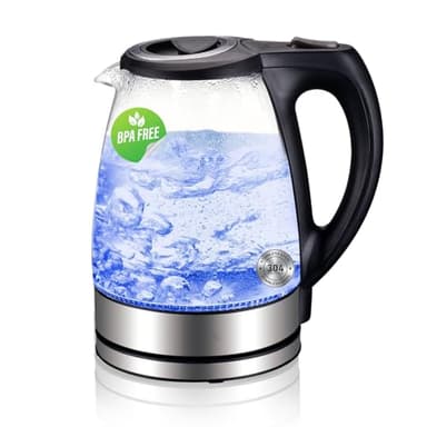 MULIN bollitore elettrico vetro, bollitore acqua elettrico,Capacità 1.7L, indicatore LED blu, 2200 Watt, spegnimento automatico, Girevole 360°