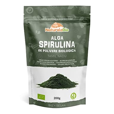 Alga Spirulina Biologica in Polvere 200g. Bio, Naturale e Pura, Coltivata nelle regioni tropicali dell'Asia. Ideale in bevande, frullati o per Ricette. Adatta a Vegetariani e Vegani.