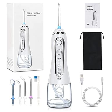 Idropulsore Dentale Portatile, 5 Modalità 6 Ugelli di Ricambio Irrigatore Orale 300 ml Elettrico Professionale USB Ricaricabile IPX7 Impermeabile, con Borsa per Viaggio, Casa, Ufficio