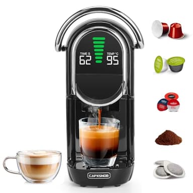 Magician1 Mini Macchina da Caffè Cialde 5in1 per Nespresso Originali, Dolce Gusto, Lavazza A Modo Mio Capsula, ESE 44mm Cialde e Caffè Macinato, 20 Bar, 1450W, Display LED, Acqua Regolabili 7 Livelli