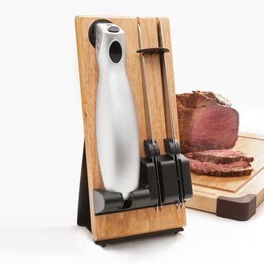 Coltello Elettrico da Cucina senza fili Easy Cut Plus - Con Caricatore e Supporto in Legno - 2 Lame - Ideale per tagliare pane, carne, frutta, verdura - Grigio