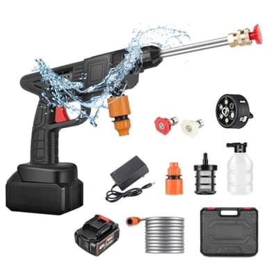 Idropulitrice a Batteria, 48 V Max 90 Bar Idropulitrice Portatile con Ugello Multispruzzo 6 in 1, Tubo da 5M, Lancia di Prolunga, Strumento per La Pulizia Dell'auto da Esterno