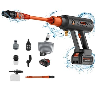 Idropulitrice Portatile, Bravolu 580 PSI Idropulitrice a Batteria con Kit di Accessori, 4.0Ah Batteria Idropulitrice con Ugello Rotante, Ideale per Auto Barche Giardino