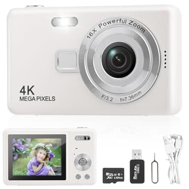 Macchina Fotografica Digitale con Scheda 64GB, 1080P 40MP Fotocamera Digitale Compatta con Zoom Digitale 8X Flash, Fotocamere Digitali Per Bambini Adolescenti Adulto Principianti (Bianco)