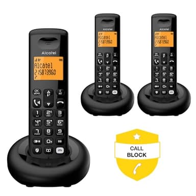 ALCATEL E260 S. Voice Trio - Telefono Fisso Cordless DECT con Segreteria - Design Compatto - Grande Display Retroilluminato - Vivavoce - Funzione Blocco Chiamate Indesiderate - 3 Portatili - Nero