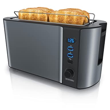 Arendo - Tostapane a 2 Fessure XXL - Scongela – Doppia Parete termoisolante - con Accessorio scalda Cornetto - 1500W - Vassoio raccogli briciole - Display con Tempo rimanente -Cool Grey