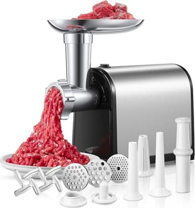 Tritacarne, 3 in 1 Tritacarne Elettrico con 3 Piastre Abrasive in Acciaio Inox, 1 Cubo e 3 Tubi di Riempimento per Salsicce, 300W, 2000W max