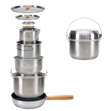 KingCamp Set Pentole Campeggio Pieghevole in Acciaio Inox 304,Padella Antiaderente con Manico Removibile, per Picnic Campeggio Trekking Escursione 4-6 Persone,Bollitore incluso