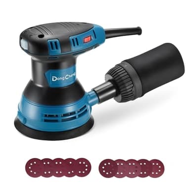 Dong Cheng 300W Levigatrice Orbitale, 125 mm, 6 velocità, 4000-12000 giri/min, Sistema di raccolta della polvere con 10 dischi abrasivi, ideale per progetti di lavorazione del legno