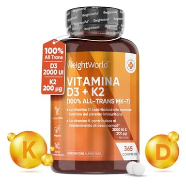Vitamina D3 K2 Alto Dosaggio, 365 Compresse Vegan Senza Magnesio Stearato (Per 1 Anno) Vit D3 2000 ui + 200μg Vitamina k2 mK7, 100% All-Trans Biodisponibile, Sistema Immunitario, Ossa, Denti, Muscoli