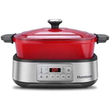 Homtone Slow Cooker 6 in 1, pentola per cottura delicata, 5,5 l, smaltata programmabile, rivestimento antiaderente in ceramica, cottura lenta, rosola, cottura a vapore con griglia a vapore, rosso