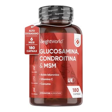 Glucosamina Condroitina con Vitamin C per Normale Formazione di Collagene per Ossa e Cartilagine, MSM Integratore, Vitamina C Acido Ascorbico, Acido Ialuronico, Curcuma, 180 Capsule (Scorta 6 Mesi)