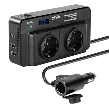 BOWEICORE 200w Inverter 12v 220v onda pura, con 2 Prese e 2 USB A e 1 USB-C Caricatore Auto, Presa Accendisigari 12v per Campeggio, Telefoni Cellulari, Laptop
