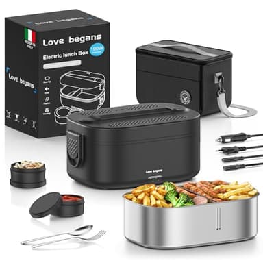 Love begans Scaldavivande Elettrico, 100 W Porta Pranzo Termico con Borsa Termica, 1.5 L 3 In 1 Scalda Vivande Portatile Elettrico, 12 V/24 V/220 V Lunch Box Termico per Auto Camion e Ufficio, Nero