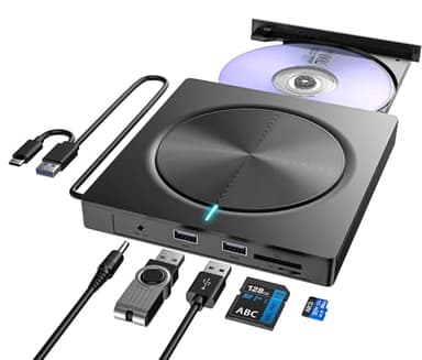 Lettore CD DVD Esterno per PC Portatile, Masterizzatore DVD CD Esterno USB 3.0 e Type-C, Unità DVD Esterna CD/DVD -/+RW con 2 porte USB e Lettore di Schede TF/SD per Windows/MacOS/Linux/Laptop/Desktop