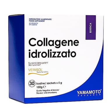 YAMAMOTO RESEARCH, Collagene Idrolizzato Verisol 30 Bustine da 5 gr, Integratore con Collagene, Acido Ialuronico e Vitamina C per la Cura della Pelle, Gusto Fragoline di Bosco