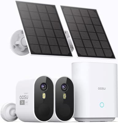 AOSU 2K QHD Telecamera Wi-fi Esterno con Pannello Solare, richiede HomeBase, videocamera sorveglianza, Campo visivo166°, Nessun Costo Mensile, Rilevamento Umano PIR, Visione Notturna, Audio a 2 Vie