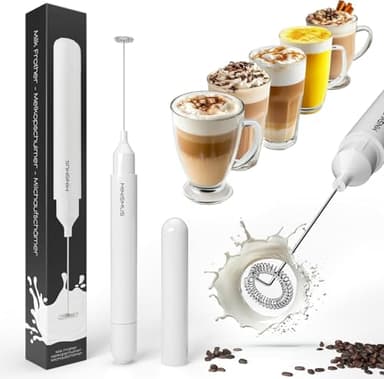Minismus Montalatte Elettrico, Cappuccinatore Elettrico, Montalatte Elettrico Cappuccino, Perfetto per Cucina o Viaggio, Leggero, Facile da Usare e Conservare, Batterie Durature (Bianco)