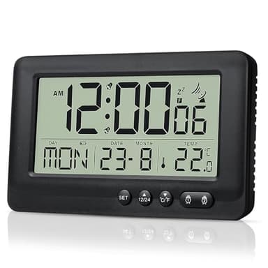 Sveglia Digitale, Orologio Sveglia radiocontrollato, con visualizzazione della temperatura, visualizzazione della data, due orari di sveglia, ripetizione della sveglia, nero