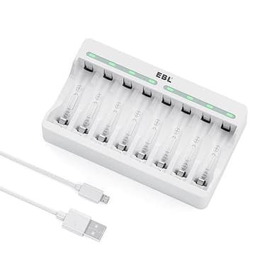 EBL 9010 AA AAA Caricabatterie Indipendenti con 8 Slot, Caricatore con 5V 2A Funzione di Ricarica Rapida per AA e AAA NI-MH Batterie Ricaricabili