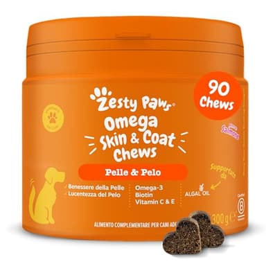 Zesty Paws supporto della Pelle e del Pelo con Olio di Pesce per Cani | Supporto della Pelle e un Pelo Sano | Vitamine e Integratori per Cani con farina di Salmone - 90 Pezzi
