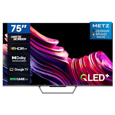 Metz Smart TV, MQE7600Z, 75", QLED, 4K, UHD, HDR 10+, Google TV, Matte Screen, Eye Care, Flicker-Free, Auto Ambient Light Sensor, HDMI, USB, Grigio