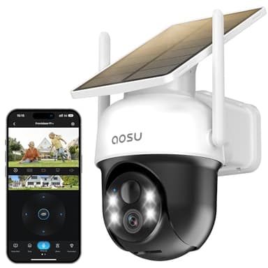 AOSU Telecamera Wi-fi Esterno Senza Fili Batteria Telecamera di Sicurezza Esterna, Pannello Solare Fisso, 3MP 2K HD, 360 Gradi PTZ 2.4Ghz, Visione Notturna a Colori, Allarme Luminoso e Sonoro